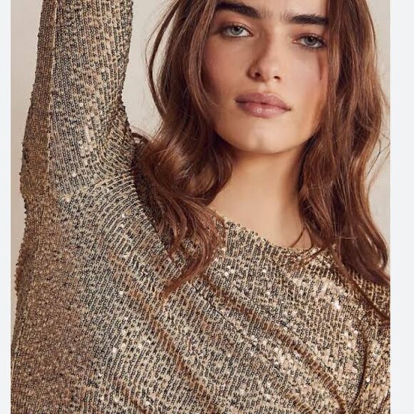 Free People Gold Rush Sequins Gold Long Sleeve Top Size‎ M NEW WITH TAG - Picture 2 of 8